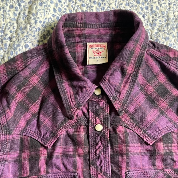 TRUE RELIGION Western Pearl Snap Purple Plaid Size W Small - Picture 5 of 13
